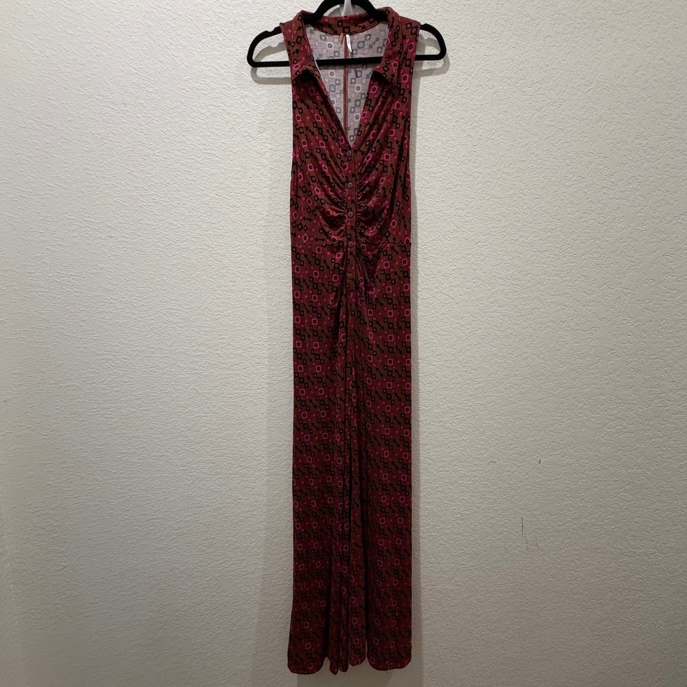 Free People Brown Pink Geometric Floral Ruched Wide Leg Jumpsuit Medium